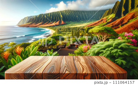 empty wooden table with beautifully Maui, Hawaii, USA  backgroun 111064157