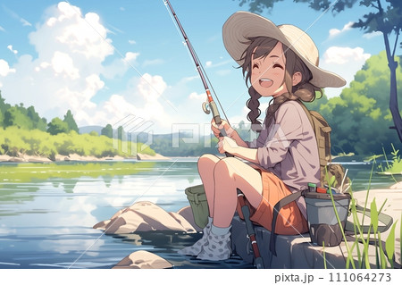 川で魚釣りをする女の子・笑顔の釣りガール「AI生成画像」のイラスト