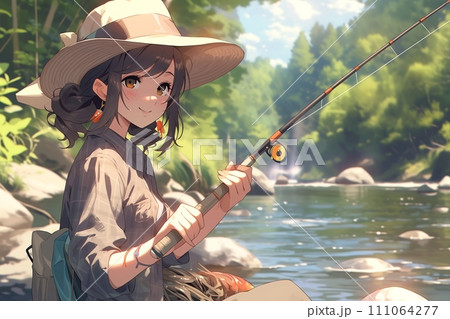 川で釣りをする女性・笑顔の釣りガール「AI生成画像」 111064277