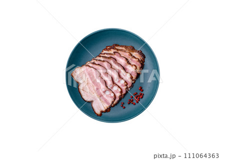 Delicious fresh pancetta or bacon with salt and spices cut into thin slices 111064363