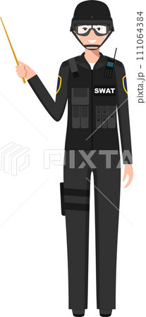 Standing SWAT Policewoman Officer with Wooden Pointer Stick in Traditional Uniform Character Icon in Flat Style. Vector Illustration. Standing SWAT Policewoman Officer with Wooden Pointer Stick in Traditional Uniform Character Icon in Flat Style. Vector Illustration. 111064384