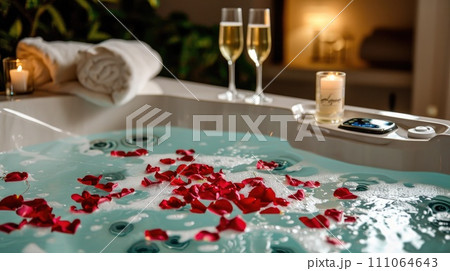 Romantic Jacuzzi with Rose Petals and Champagne 111064643