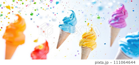 Flying Ice Cream Cones with Colorful Splashes 111064644