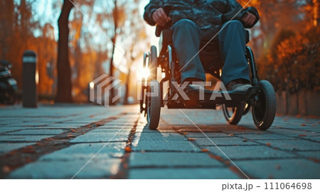 Man in Electronic Wheelchair Downtown 111064698