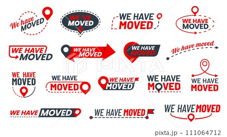 Have move icons. We have moved signs. Shop change location, business address change announcement or store moving vector sign, office relocation icon or red symbol with pins, arrows and dotted line Have move icons. We have moved signs. Shop change location, business address change announcement or store moving vector sign, office relocation icon or red symbol with pins, arrows and dotted line 111064712