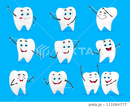 Cartoon tooth characters with dental floss, vector dentistry, oral health and hygiene emojis. Cute teeth personages using floss to remove dental plaque with funny faces and happy smiles Cartoon tooth characters with dental floss, vector dentistry, oral health and hygiene emojis. Cute teeth personages using floss to remove dental plaque with funny faces and happy smiles 111064777