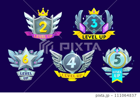 Game interface level up metal badges, steel win icons with wings and crystals, vector UI. Game level complete awards and rewards, silver shields, medals and prizes with rank stars, crowns and ribbons 111064837