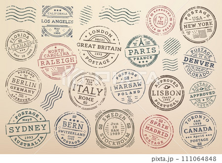 Postage and postal stamps. Postal envelope France, USA, Germany and Italy cities imprint, mail delivery departure country or region vector ink stamp or letter Poland, Spain and Canada town mark 111064848