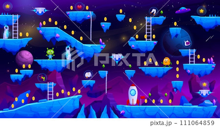 Arcade space planet game level map, vector interface with aliens and ice stone platforms. Golden coin bonuses, rocket shuttle or spaceship and alien Martians on ice rocks for arcade game background 111064859