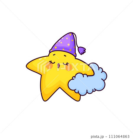 Cartoon cute funny kawaii star and twinkle character peacefully sleeps on fluffy cloud, adorned with a snug nightcap. Isolated vector adorable cosmic personage in its dreamy celestial nighttime haven 111064863
