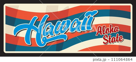 Vintage travel plate, USA state sign of Hawaii, american tourism retro plaque. Vintage plaque of Aloha state, Honolulu capital lettering, Western United States old metal tin card 111064864