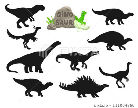 Dinosaur silhouettes. Archaeornithomimus, Dravidosaurus, Ouranosaurus and Probactrosaurus, Hypselosaurus, Alvarezsaurus paleontology animal, dinosaur or extinct lizard vector isolated silhouettes 111064866