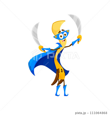 Cartoon fettuccine italian pasta superhero character. Isolated vector lively super hero noodle personage, wear cape, mask and weapon swords, ready to fight hunger and bring joy to the dinner table 111064868