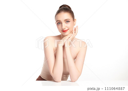 Beautiful young woman with clean fresh skin on white background, Face care, Facial treatment, Cosmetology, beauty and spa, women portrait. 111064887