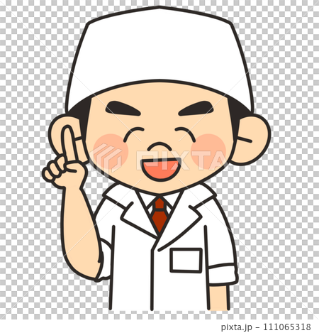 Illustration of a sushi chef in a pointing pose and explaining with a smile Illustration of a sushi chef in a pointing pose and explaining with a smile 111065318