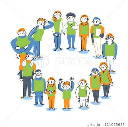 輪になって立つ小学生からシニアまでのゼッケンまたはビブスをつけた人々 ボランティア セット イラスト 輪になって立つ小学生からシニアまでのゼッケンまたはビブスをつけた人々 ボランティア セット イラスト 111065685