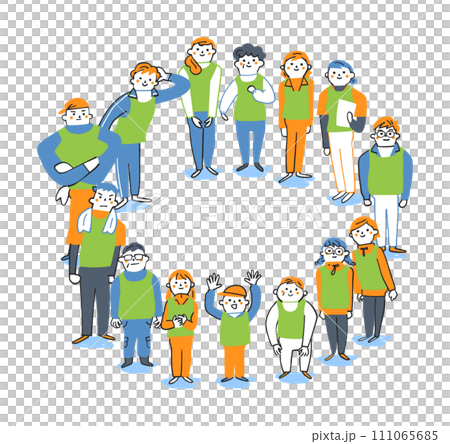 Volunteer set illustration of people wearing bibs or bibs from elementary school students to seniors standing in a circle 111065685