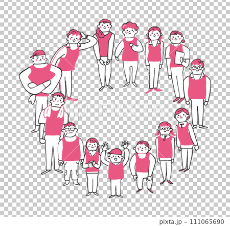 輪になって立つ小学生からシニアまでのゼッケンまたはビブスをつけた人々 ボランティア セット イラスト 輪になって立つ小学生からシニアまでのゼッケンまたはビブスをつけた人々 ボランティア セット イラスト 111065690