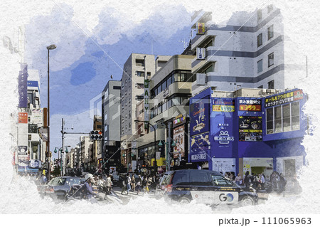 水彩画風 新大久保 大久保通り コリアンタウン 東京都新宿区 水彩画風 新大久保 大久保通り コリアンタウン 東京都新宿区 111065963