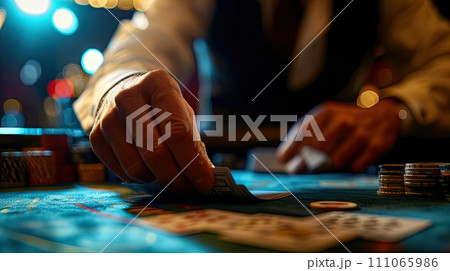 Girl dealer or croupier shuffles poker cards Girl dealer or croupier shuffles poker cards 111065986