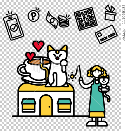 シンプルな線画の猫カフェのイラスト（人物） 111066182