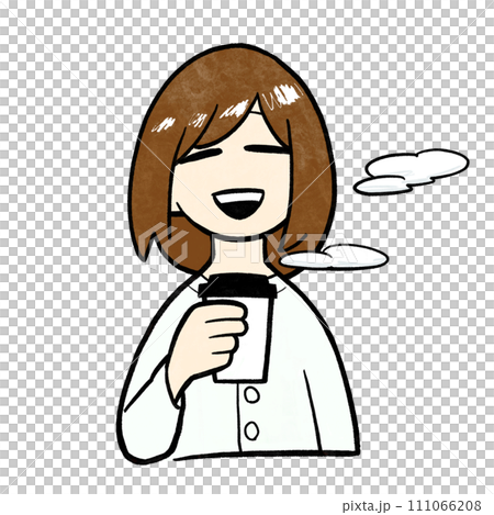 Woman taking a coffee break, collarless shirt, white Woman taking a coffee break, collarless shirt, white 111066208