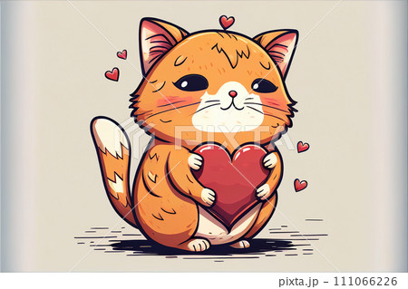 Cute cat holding a heart in its paws - postcard for Valentine's Dayt. AI generated 111066226