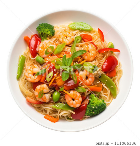 Stir fried rice noodle with shrimps, bell pepper and spinach in soy sauce. Thailand food. Stir fried rice noodle with shrimps, bell pepper and spinach in soy sauce. Thailand food. 111066336