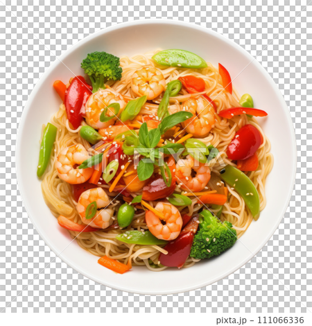 Stir fried rice noodle with shrimps, bell pepper and spinach in soy sauce. Thailand food. Stir fried rice noodle with shrimps, bell pepper and spinach in soy sauce. Thailand food. 111066336