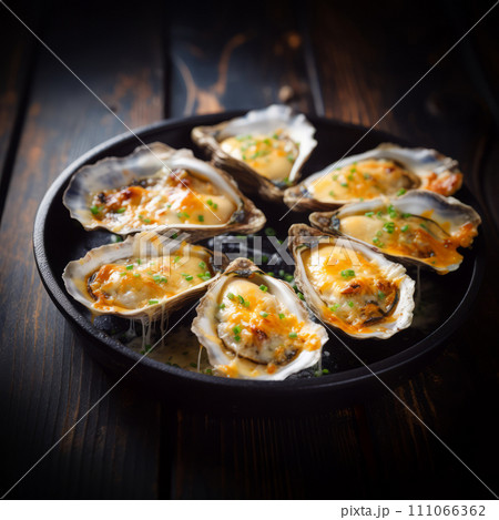 Oysters baked with cheese on plate. Homemade creamy oysters rockefeller with cheese. 111066362