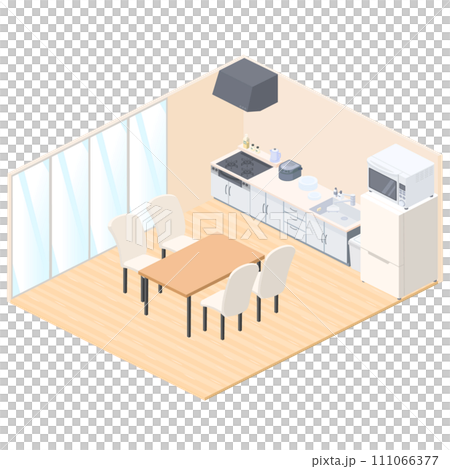 Isometric illustration of dining and kitchen Isometric illustration of dining and kitchen 111066377