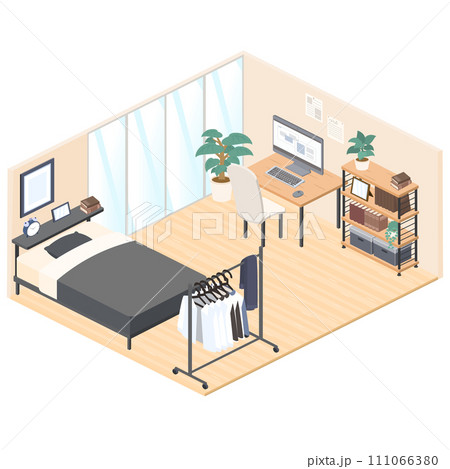 アイソメトリックで描いたワンルームの部屋のイラスト アイソメトリックで描いたワンルームの部屋のイラスト 111066380
