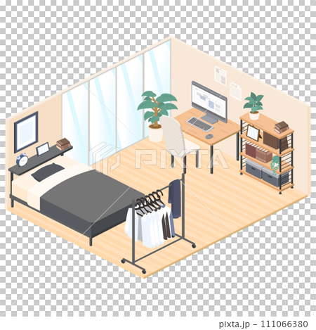 アイソメトリックで描いたワンルームの部屋のイラストのイラスト素材