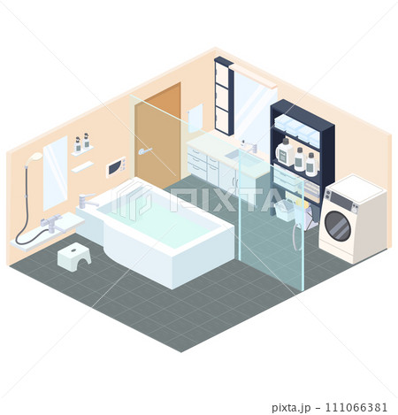 アイソメトリックで描いた洗面所とバスルームのイラスト アイソメトリックで描いた洗面所とバスルームのイラスト 111066381