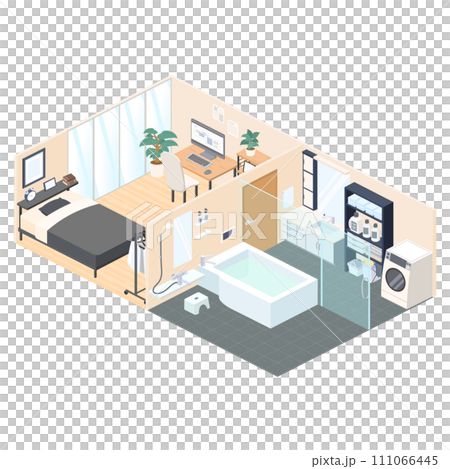 Isometric illustration of washroom, bathroom and work room Isometric illustration of washroom, bathroom and work room 111066445
