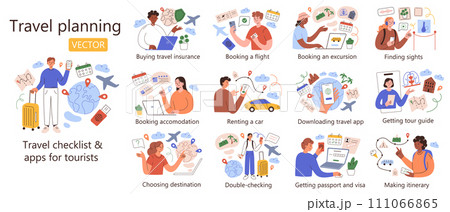 Travel planning scenes collection, hand drawn set of traveling compositions with cartoon characters, traveler checklist, vector illustrations of booking flight, hotel, mobile apps and services Travel planning scenes collection, hand drawn set of traveling compositions with cartoon characters, traveler checklist, vector illustrations of booking flight, hotel, mobile apps and services 111066865