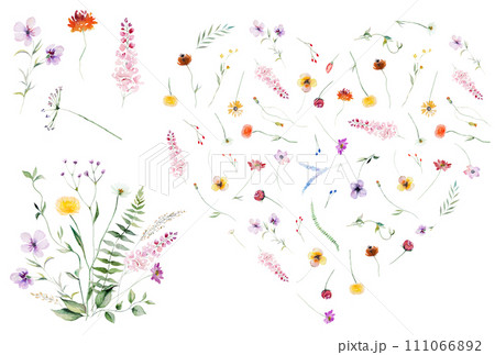 Heart and bouquet made with watercolor summer wild flowers and leaves, Colorful wedding illustration Heart and bouquet made with watercolor summer wild flowers and leaves, Colorful wedding illustration 111066892