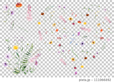 Heart and bouquet made with watercolor summer wild flowers and leaves, Colorful wedding illustration Heart and bouquet made with watercolor summer wild flowers and leaves, Colorful wedding illustration 111066892