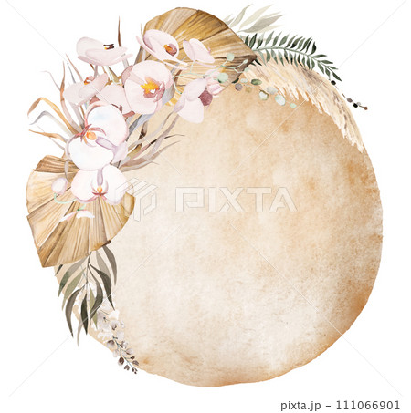 Watercolor round frame with beige tropical leaves and orchid flowers, Boho Wedding illustration Watercolor round frame with beige tropical leaves and orchid flowers, Boho Wedding illustration 111066901