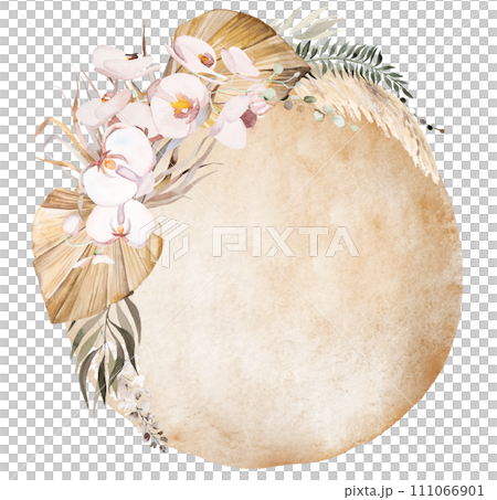 Watercolor round frame with beige tropical leaves and orchid flowers, Boho Wedding illustration Watercolor round frame with beige tropical leaves and orchid flowers, Boho Wedding illustration 111066901