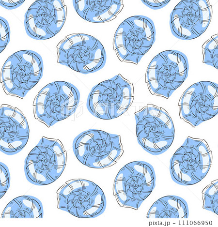 Seashell fossil seamless pattern in line art style. Undersea summer print in blue color for fabrics, wallpaper, fish market. Vector illustration on a white background. 111066950