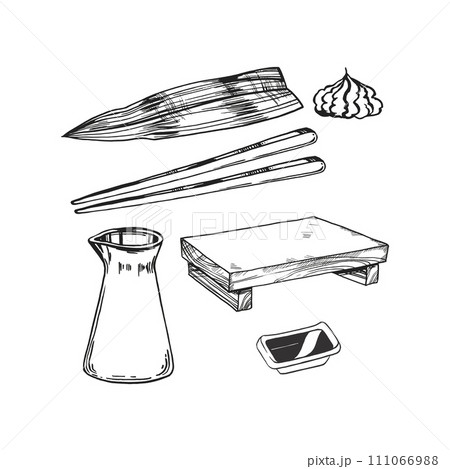 vector illustration of Japanese food theme with wooden board for sushi, soy sauce, chopsticks and bamboo leaves, hand drawn inked monochrome sketch of seafood isolated on white background 111066988