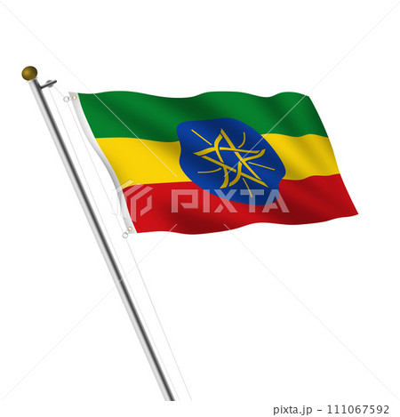 Ethiopia Flagpole 3d illustration on white with clipping path 111067592