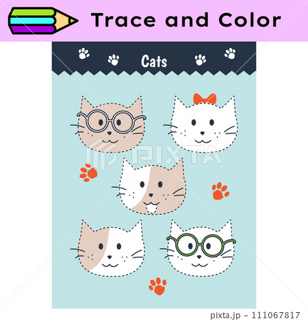 Pen tracing lines activity worksheet for children. Pencil control for kids practicing motoric skills. Kitties educational printable worksheet. Vector illustration. 111067817