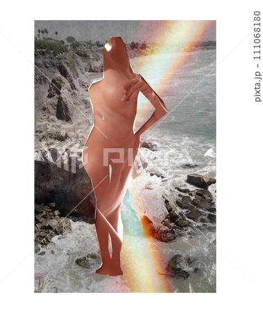Surreal conceptual collage of female silhouette with seas and mountain scene and abstract rainbow elements. Conceptual design. 111068180