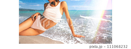 Banner with slim female body, young woman in underwear lying by sea. Creative conceptual design 111068232