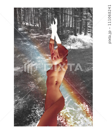 Surreal conceptual collage of female silhouette with forest scene and abstract rainbow elements. Conceptual design. 111068241