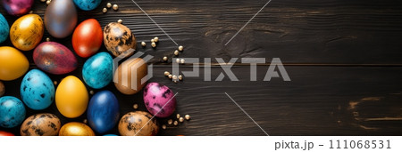 Colorful Easter Eggs and Flower Frame on empty Blank Banner with Copy Space for Text Colorful Easter Eggs and Flower Frame on empty Blank Banner with Copy Space for Text 111068531