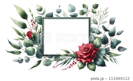watercolor  floral frames a red rose with green eucalyptus leave 111069112