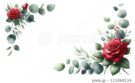 watercolor  floral frames a red rose with green eucalyptus leave 111069114